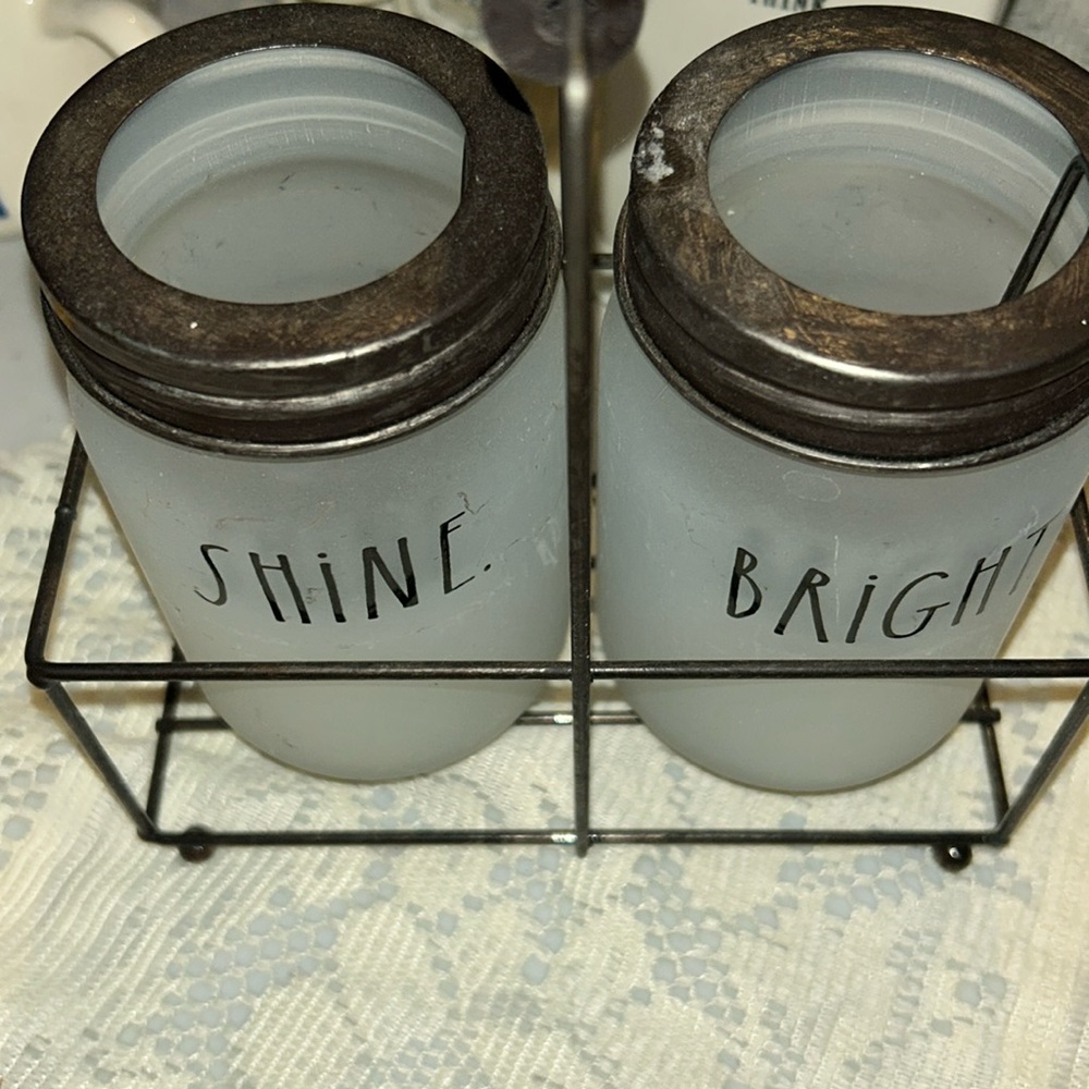RAE DUNN Shine Bright Mason Jars Set Tea Light Holders Carrier Caddy Frosted